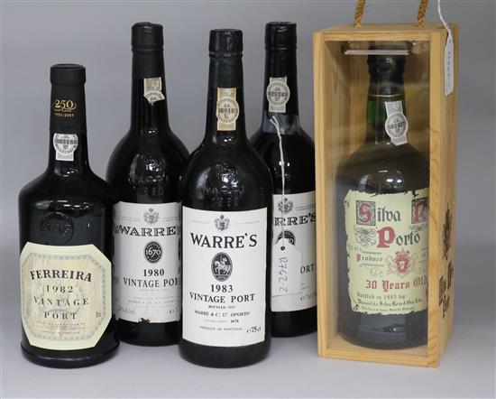 Five bottles of Port; Warres Vintage 1975, 1980 & 1983, one Ferreira, 1982 & one Silva Porto 1995.